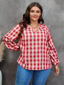 SHEIN LUNE 大碼格紋印花燈籠袖襯衫 - 酒紅色 - 查看 4