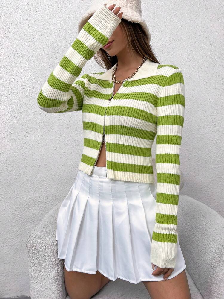 Striped Pattern Zip Up Crop Cardigan