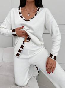 EURMUSE Contrast Trim Drop Shoulder Sweater & Knit Pants - White - View 5
