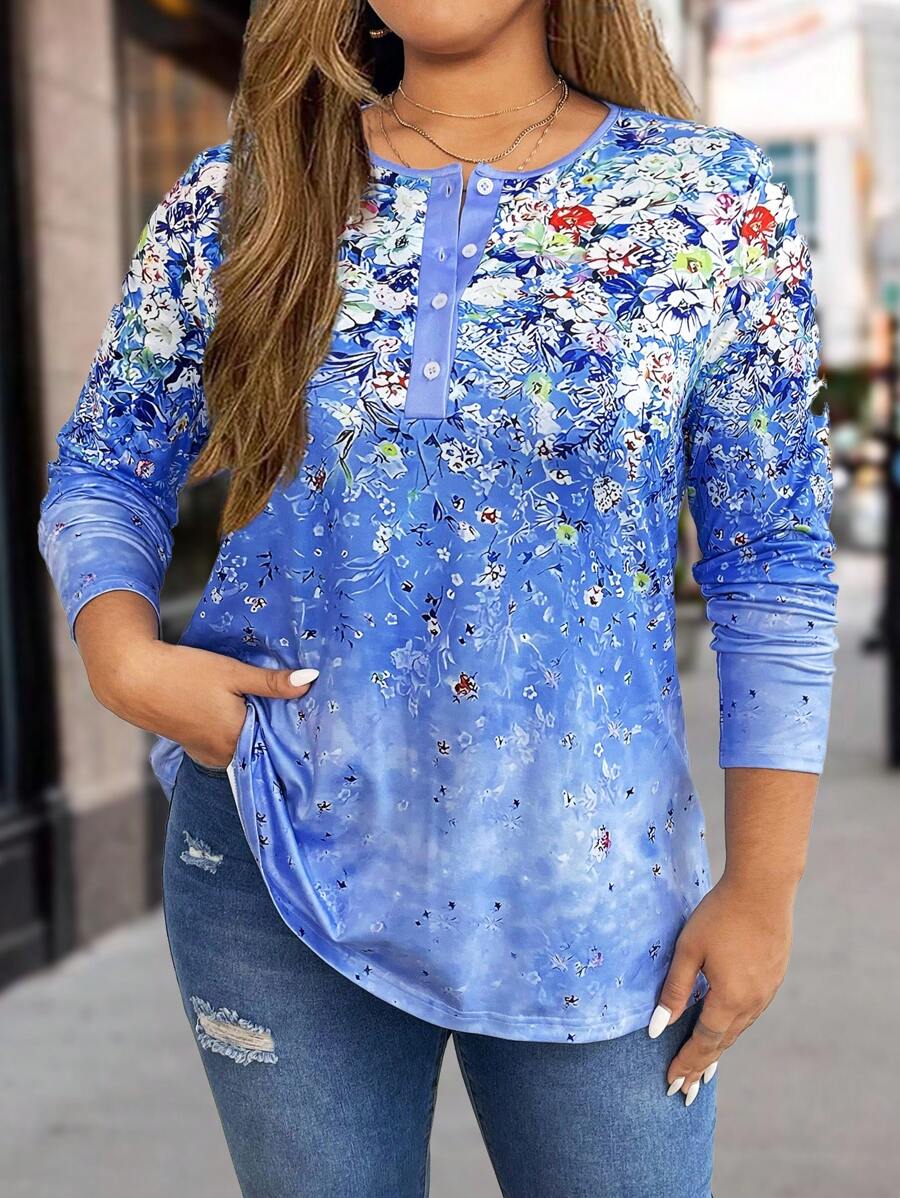 EMERY ROSE 大碼花卉印花半鈕扣T恤 - 藍色 - 查看 1