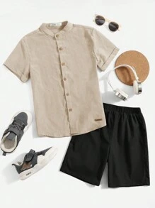 SHEIN Cậu bé Tween Chất rắn Nút phía trước Áo sơ mi & Quần short - Màu Khaki - Xem 1