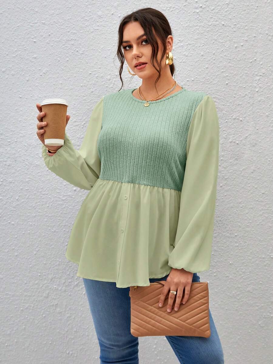 SHEIN Privé 大碼雙色燈籠袖花邊下擺上衣 - 薄荷綠 - 查看 1