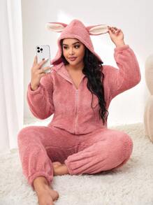 Hơn Giáng sinh Thiết kế tai 3D áo có mũ Dây kéo mặt trước Flannel Bộ đồ ngủ - Bụi hồng - Xem 4