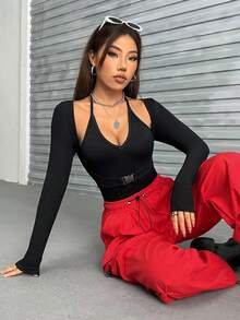 SHEIN EZwear 素色繞頸連身背心 - 黑色 - 查看 6