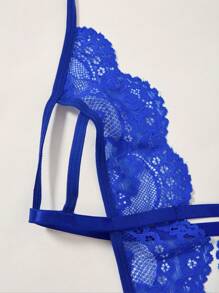 Exotic-Bondage Floral Lace Cut-Out Teddy Bodysuit With 1pair Hand Ring, Lingerie - Royal Blue - View 6