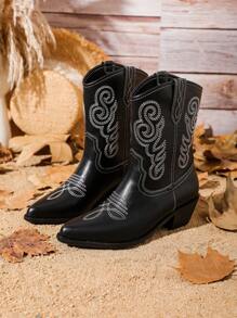 Styleloop 西式牛仔靴女款黑色中筒靴，刺繡和白色線細節尖頭，女士牛仔靴 - 黑色 - 查看 2