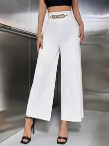 SHEIN Privé Chain Detail Wide Leg Pants - White - View 1