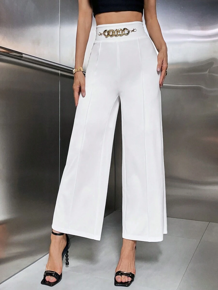 SHEIN Privé Chain Detail Wide Leg Pants - White - View 1