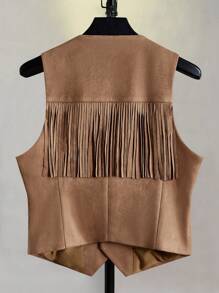 GENTILAND Men Fringe Trim Suedette Vest Jacket - Brown - View 2