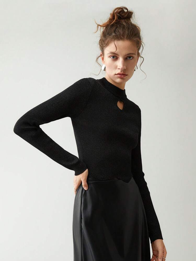Keyhole Neckline Ribbed Knit Pullover Fall Winter Sweater