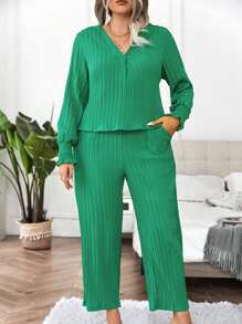 Calvaya 大碼木耳邊上衣&闊腿褲 - 綠色 - 查看 3