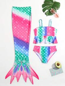 年轻女孩鱼鳞印花比基尼套装带美人鱼尾裙夏季海滩 - 彩色 - 查看 2
