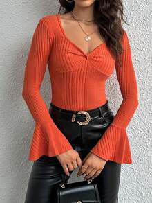 SHEIN Privé Sweetheart Neck Flounce Sleeve Tee - Orange - View 3