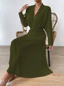 Chiquease 纯色褶皱前 A 字形长款女装 - 軍綠色 - 查看 3