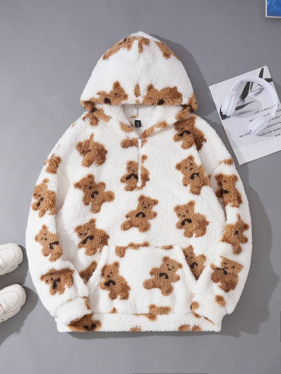 SHEIN EZwear Plus Bear Pattern Kangaroo Pocket Drop Shoulder Teddy ...