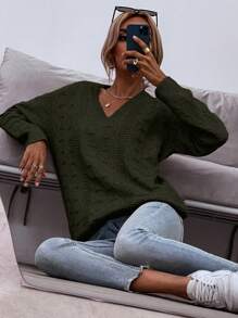 SHEIN LUNE Dệt kim chấm bi Thả vai Áo len - Màu xanh Ô liu - Xem 1