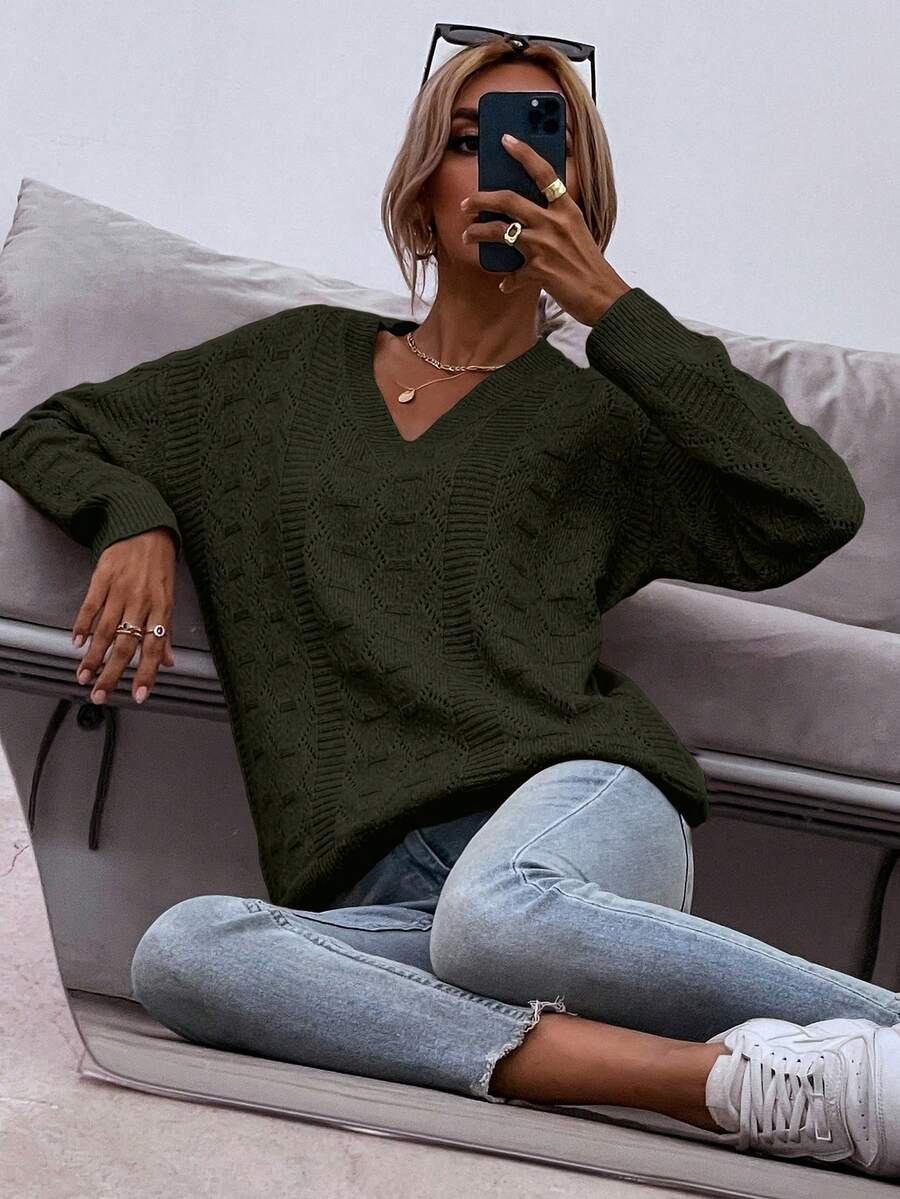 SHEIN LUNE Dệt kim chấm bi Thả vai Áo len - Màu xanh Ô liu - Xem 1