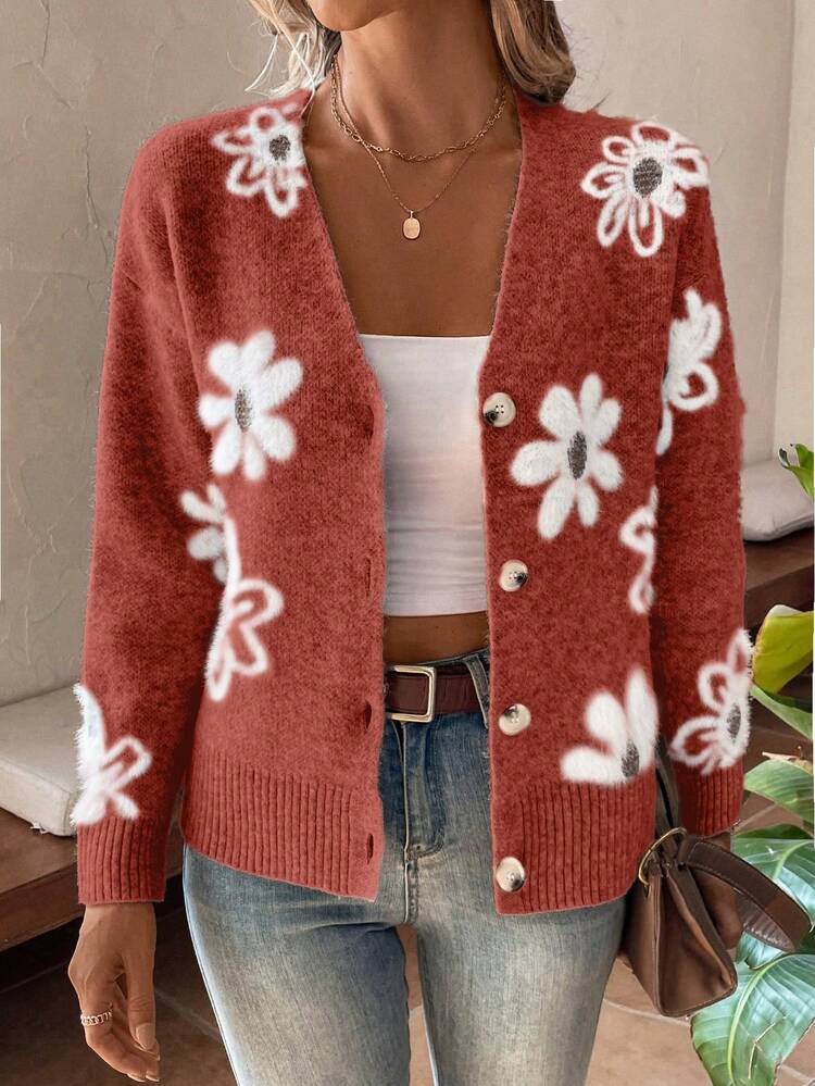 Floral Pattern Button Front Cardigan Fall Winter Cloth For Women, Christmas
