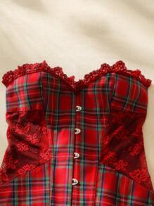 SHEIN Tartan Grommet Lace Up Front Corset Top With Thong - Red - View 4