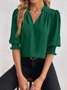 SHEIN Privé Notched Neckline Puff Sleeve Blouse - Dark Green - View 1