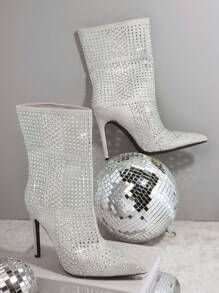 SHUZIA Rhinestone Decor Pointy Toe Stiletto Heeled Boots