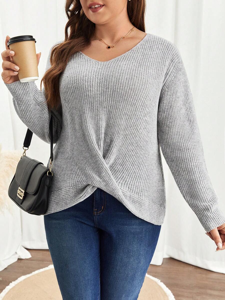 SHEIN Frenchy 秋冬加大扭纹下摆落肩毛衣 - 灰色 - 查看 1