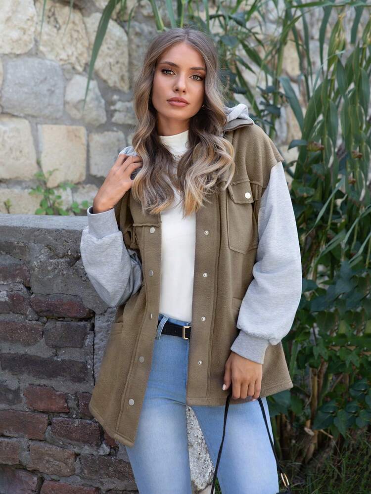 Two Tone Flap Pocket Drop Shoulder Hooded Coat