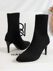 Women's Fashionable Simple & Elegant Knitted Pointed Toe High Heeled Stretch Boots - Black - View 4