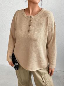 Flirla Plus Half Button Drop Shoulder Sweater Knit Pullover Fall Winter Outfit - Apricot - View 3