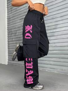 SHEIN Coolane Letter Graphic Flap Pocket Side Drawstring Waist Cargo Pants - Black - View 3