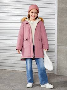 SHEIN 青少年女孩字母图案毛绒装饰连帽保暖衬里翻盖口袋填充外套 - 藕粉色 - 查看 3