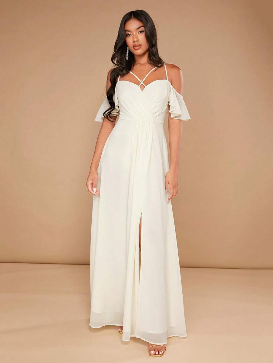SHEIN Belle Cold Shoulder Split Thigh Bridesmaid Dress - Beige - View 1