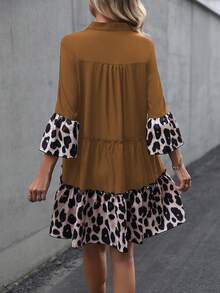 EMERY ROSE Leopard Print Flounce Sleeve Ruffle Hem Smock Dress - Brown - View 2