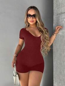 SHEIN SXY 後鏤空彈力緊身連體短褲 - 酒紅色 - 查看 3