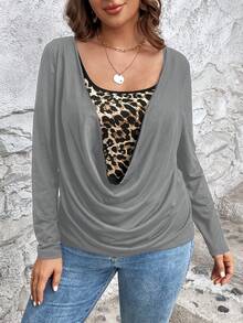 SHEIN LUNE Plus Leopard Print Draped Front Tee - Grey - View 6
