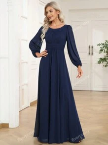 EVER-PRETTY Elegante vestido de dama de honor de gasa con cuello redondo y manga farol en azul marino para invitados de boda