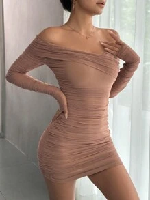 SHEIN PETITE 一字肩褶邊網紗緊身洋裝 - 藕粉色 - 查看 3