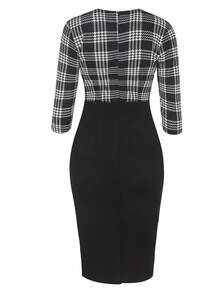 Vestido ajustado con estampado de cuadros ribete con fruncido - Blanco y Negro - Ver 2