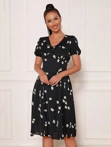 Modphy 花卉印花泡泡袖连衣裙