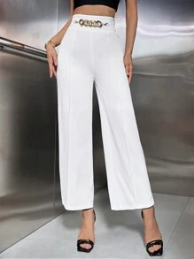 SHEIN Privé Chain Detail Wide Leg Pants - White - View 3