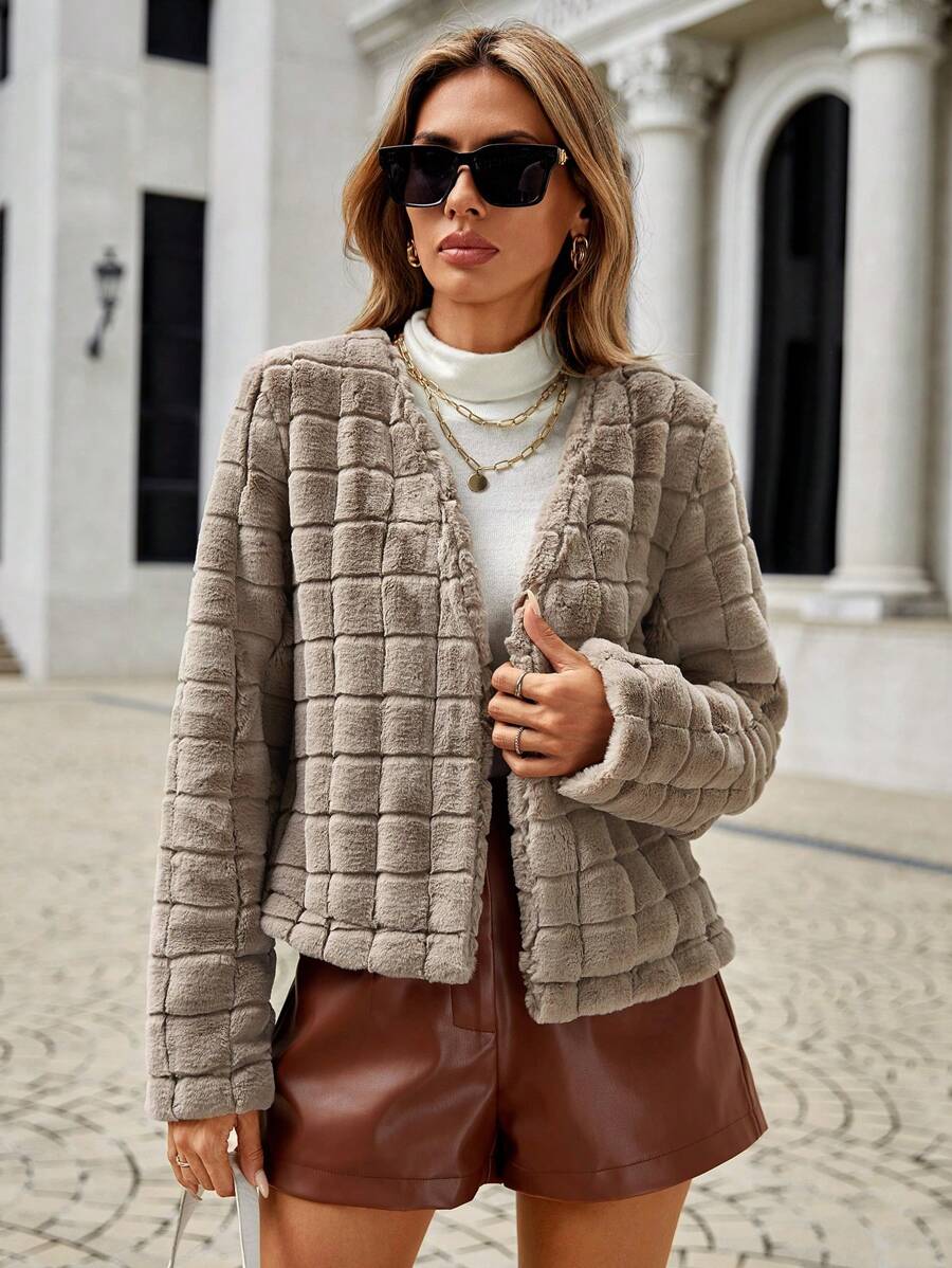 SHEIN Clasi Open Front Fuzzy Coat - Khaki - View 1