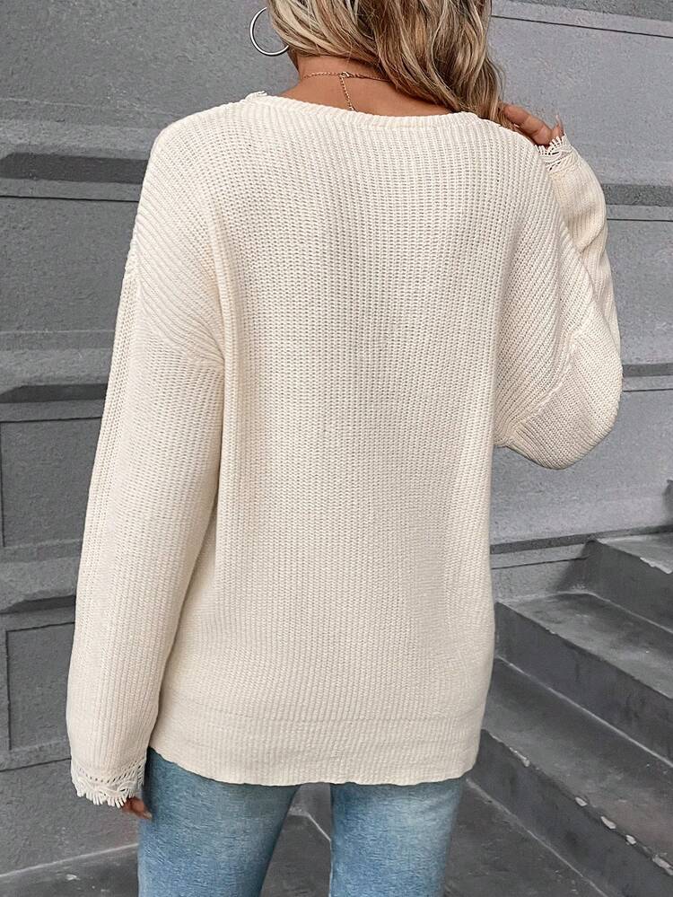 Guipure Lace Trim Drop Shoulder Sweater Winter Casual