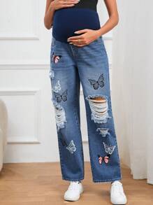 SHEIN Maternity Butterfly Print Ripped Straight Leg Jeans