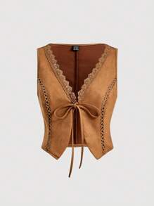 SHEIN MOD Lace Trim Tie Front Vest Jacket Without Blouse