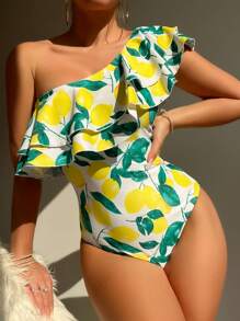 Swim Vcay Summer Beach Lemon Print Ruffle Trim One Shoulder One Piece Swimsuit - Multicolor - View 7