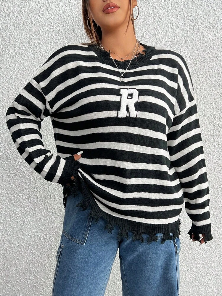 Plus Striped Pattern Drop Shoulder Sweater