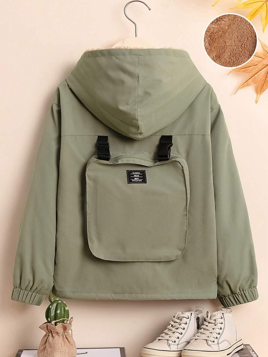 SHEIN 男大童字母補丁細節加絨內裏連帽外套