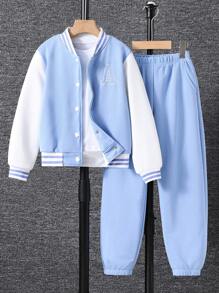 SHEIN 女大童字母圖案雙色學院風夾克和運動褲不帶T恤 - 彩色 - 查看 1