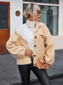 SHEIN Essnce Cazadora teddy con bolsillo con solapa de hombros caídos - Albaricoque - Ver 1