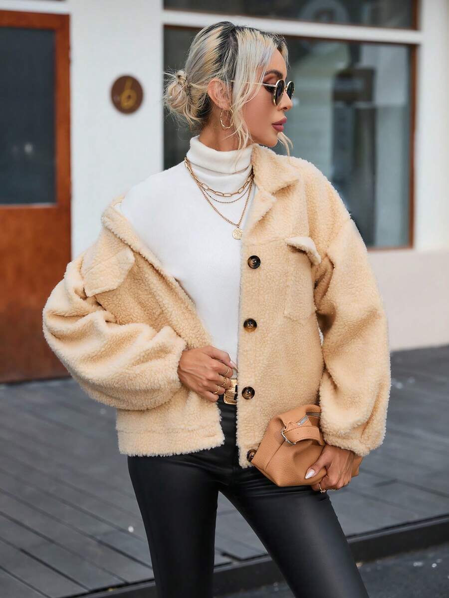 SHEIN Essnce Cazadora teddy con bolsillo con solapa de hombros caídos - Albaricoque - Ver 1